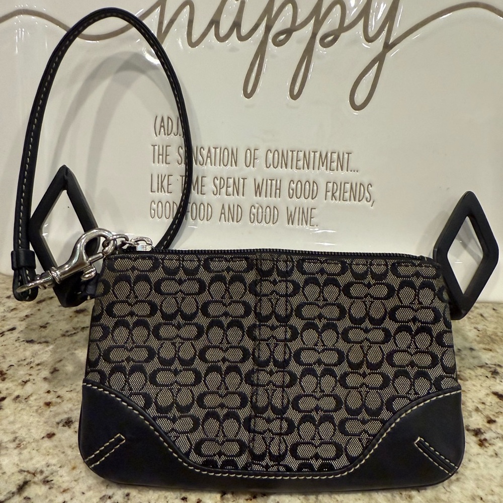 Coach Signature Wristlet Black Gray Canvas Leather Mini Clutch 6x4